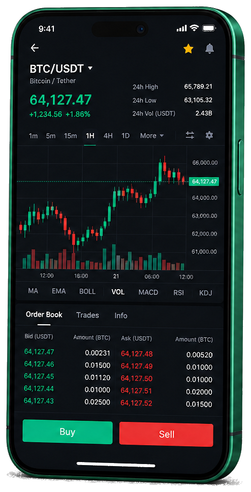 Vatandaşlık Fonu mobil ticaret platformu — canlı BTC/USDT grafik, emir defteri ve alım/satım arayüzü